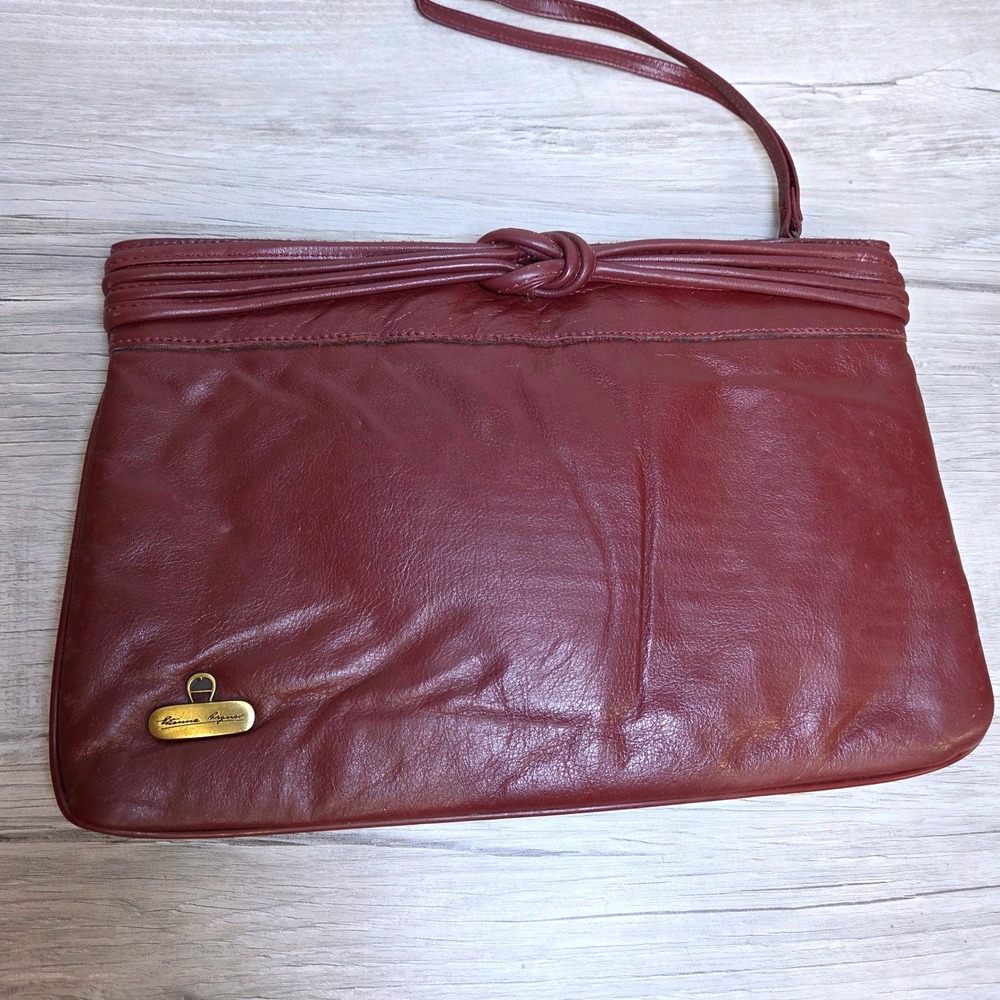 Etienne Aigner Vintage Burgundy Leather Knotted Wristlet Clutch Bag Brass Logo